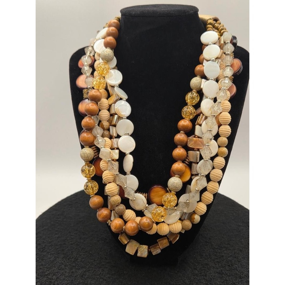 Beachy Boho Multi-Strand Beaded Necklace Neutral Colors Gold Tone